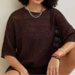 NWT Aerie Crochet Oversized Short Sleeve Sweater SZ M Brown Cotton